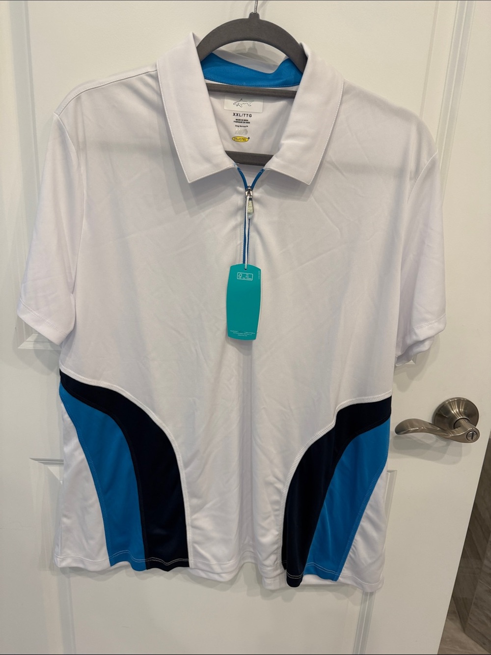 Greg Norman Collection White Polo with Blue and Navy Accents
